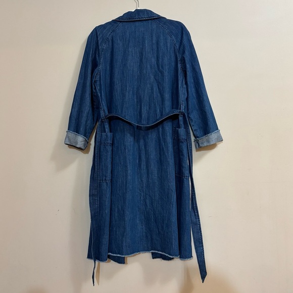 Gap Sz S Long Line Denim Trench Coat Patch Pockets Belt Frayed Edges Blue EUC - Picture 3 of 9